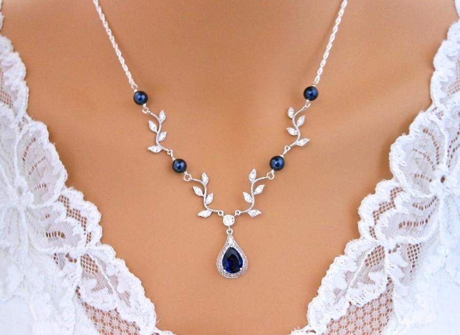 Wedding - Navy BLUE Wedding Necklace VINE Necklace Sapphire Blue Y Bridal Jewelry White or Ivory PEARLS Sterling Silver