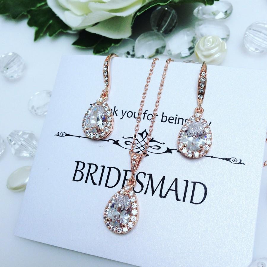 Свадьба - Rose Gold Bridesmaid Jewelry Set, Simple Bridal Jewelry Set, Rose Gold Bridesmaid Earrings Crystal, Bridesmaid Jewelry Crystal Bridesmaid