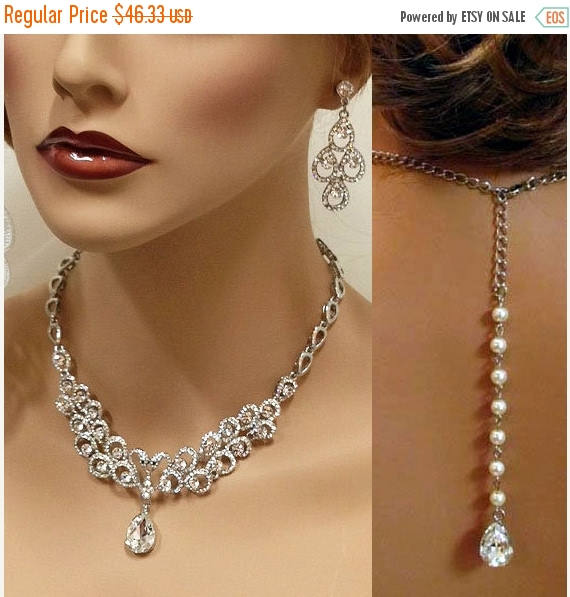 Hochzeit - Wedding jewelry set, bridal jewelry set, Bridal backdrop bib necklace earrings, crystal pearl bridal necklace statement, crystal jewelry set