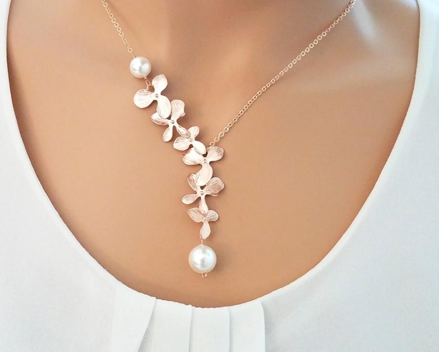 Hochzeit - Rose Gold Necklace, Orchid Necklace, Flower Necklace, Wedding, Bridesmaid gifts, Mother, Sister, Wife, Pearl Necklace, Bridesmaid Jewelry ,