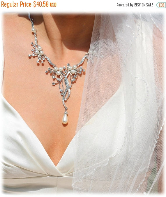 Hochzeit - Bridal jewelry , Bridal back drop bib necklace, vintage inspired rhinestone pearl necklace bridal statement, bridesmaid jewelry