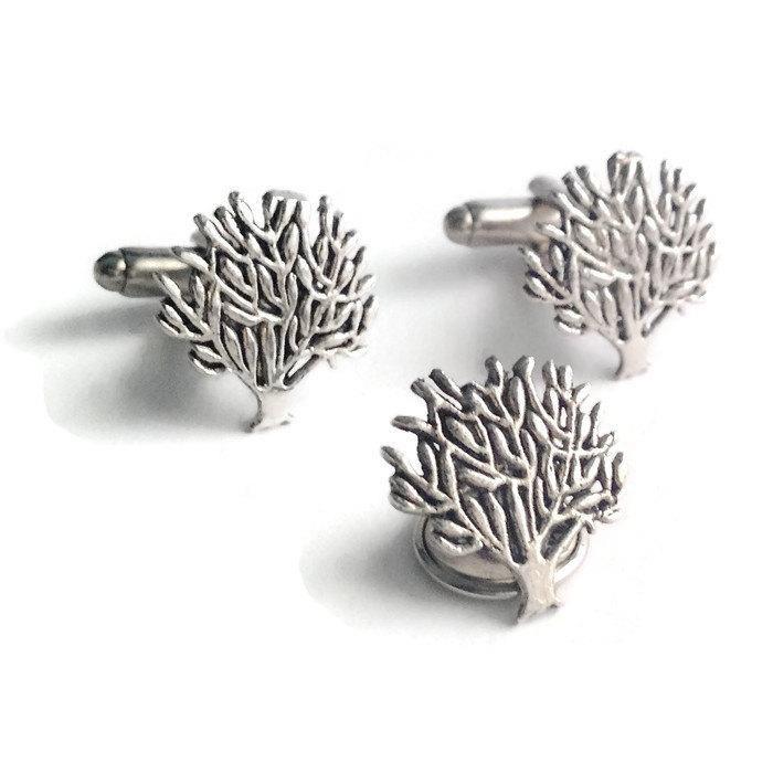 Свадьба - SALE Silver Tree of Life Cufflinks & Tie Tack, Mens Handcrafted Cosmic Knowledge Forest Cuff Links Set- Wedding Prom Gift for Man