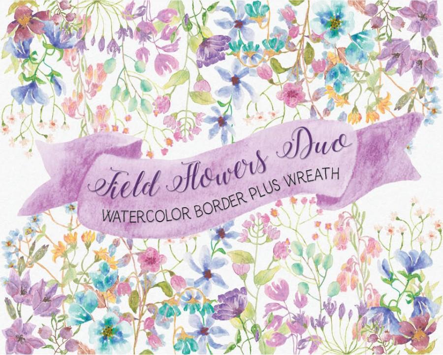Hochzeit - Field flowers in watercolor: wreath plus border; watercolor clip art; wedding clip art; weddings; wild flowers; instant download