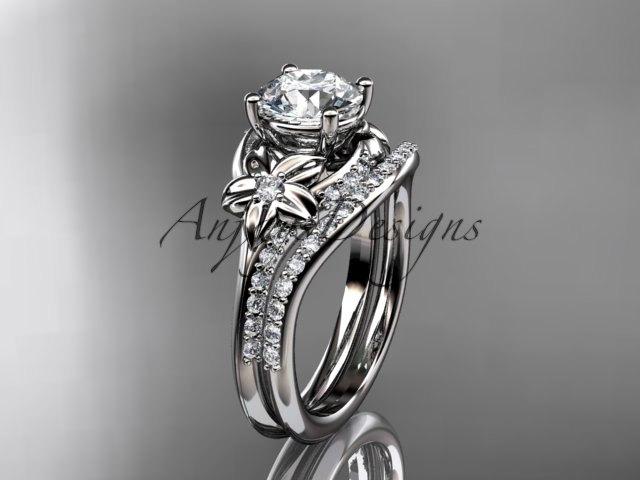 Wedding - Platinum diamond floral wedding set, engagement set with a "Forever One" Moissanite center stone ADLR125S