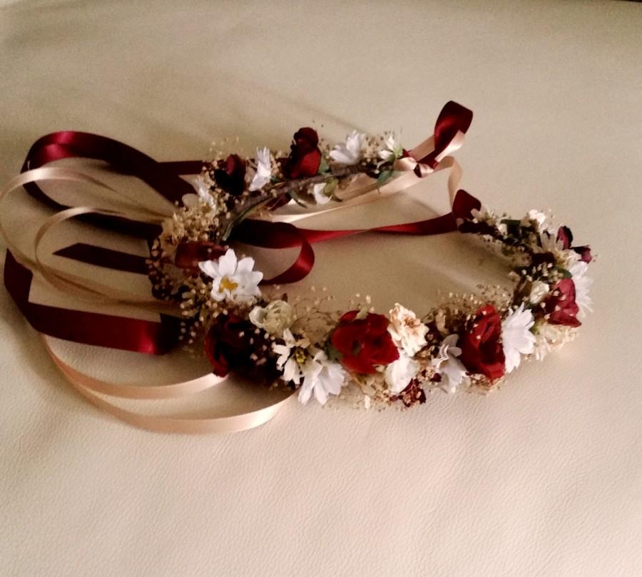 Hochzeit - Marsala flower crown dried Floral hair wreath winter Rustic chic destination wedding Bridal party accessorie wine burgundy halo garland