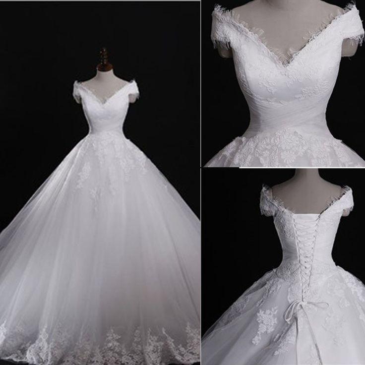 Wedding - Classic Style Off Shoulder Lace Up Vantage Lace Wedding Dresses, WD0180