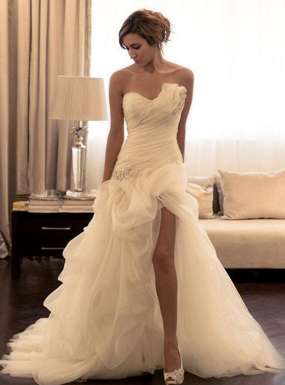 Mariage - Organza Long Wedding Gowns,Side Split A Line Strapless Wedding Dresses,Cheap Bridal Dresses,SVD544