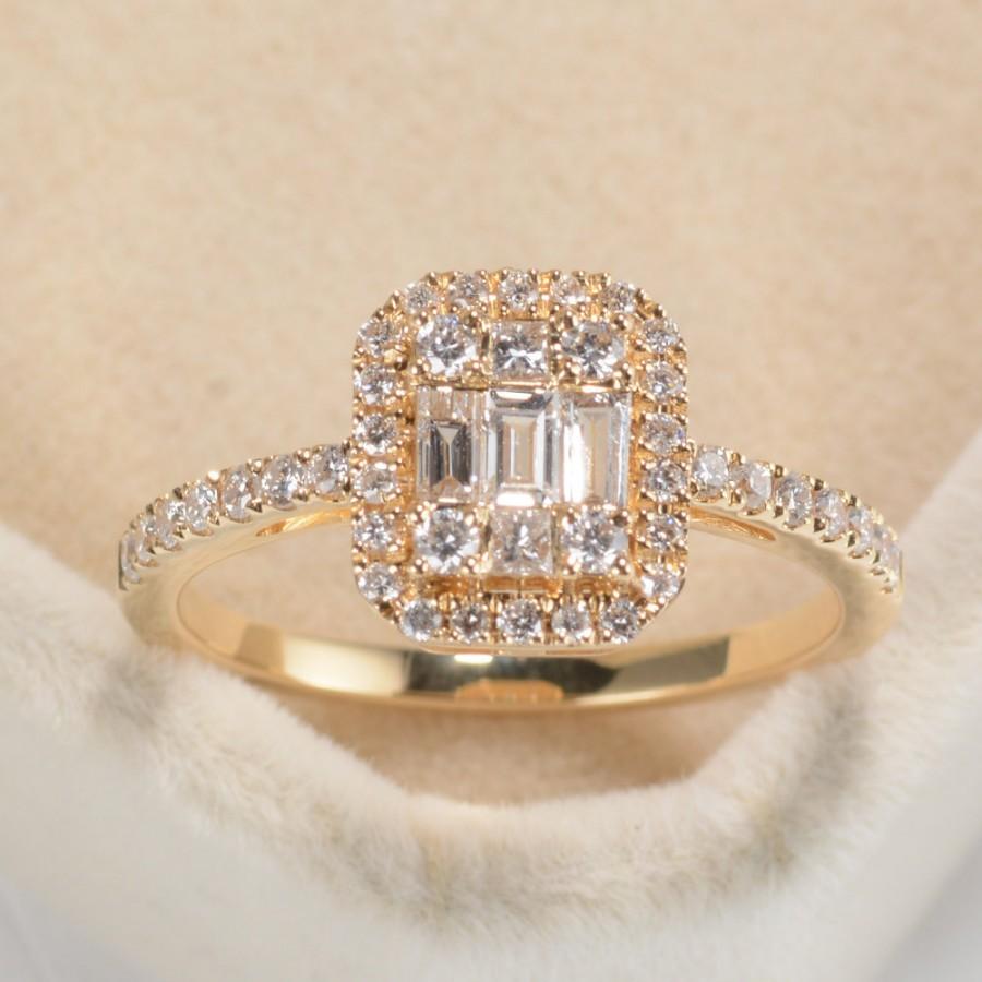 زفاف - Halo Engagement ring, Natural Baguette Diamond Ring, Halo set ring Rose Gold, Delicate Ring,Half Eternity band Pave ring, Anniversary ring