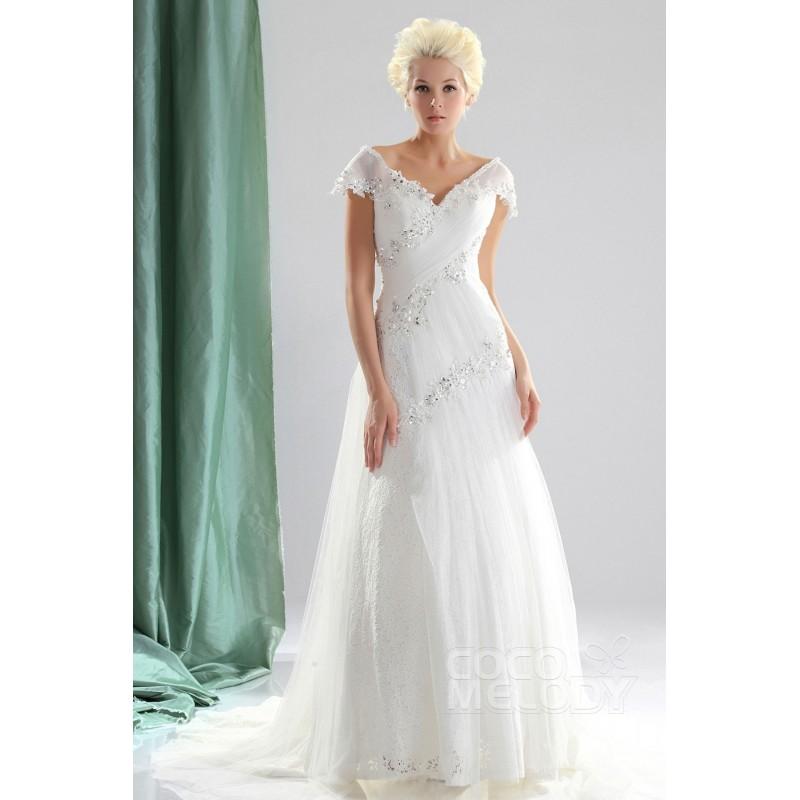 زفاف - Modest A-Line V-Neck Court Train Tulle Wedding Dress CWLT130AF - Top Designer Wedding Online-Shop