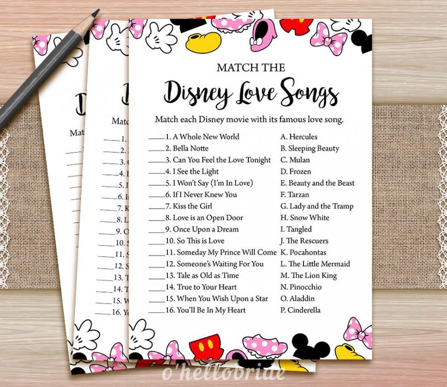 Disney Love Songs Match Game Printable Bridal Shower Love Song