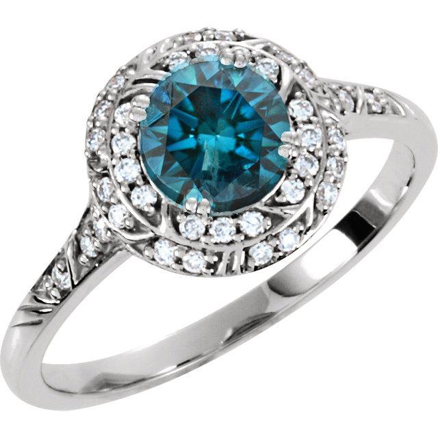 Hochzeit - Engagement Antique Engraved Ring 1.15CT Blue & White Diamond Vintage Halo Engagement Antique Engraved Ring 14 Karat White Gold