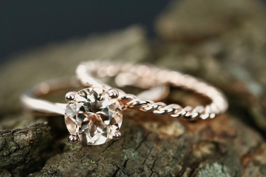 زفاف - Annie 7mm/1.10 Carats Round Cut Morganite 14k Rose Gold Solitaire Engagement Ring With Jenny Plain Matching Wedding Band Anniversary Set