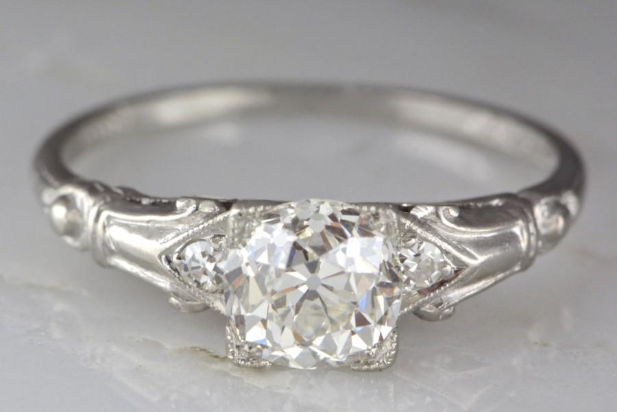 زفاف - Antique Late Edwardian / Pre Art Deco Platinum Engagement Ring with 1.02ct Old Mine / Old European Cut Diamond Center R663