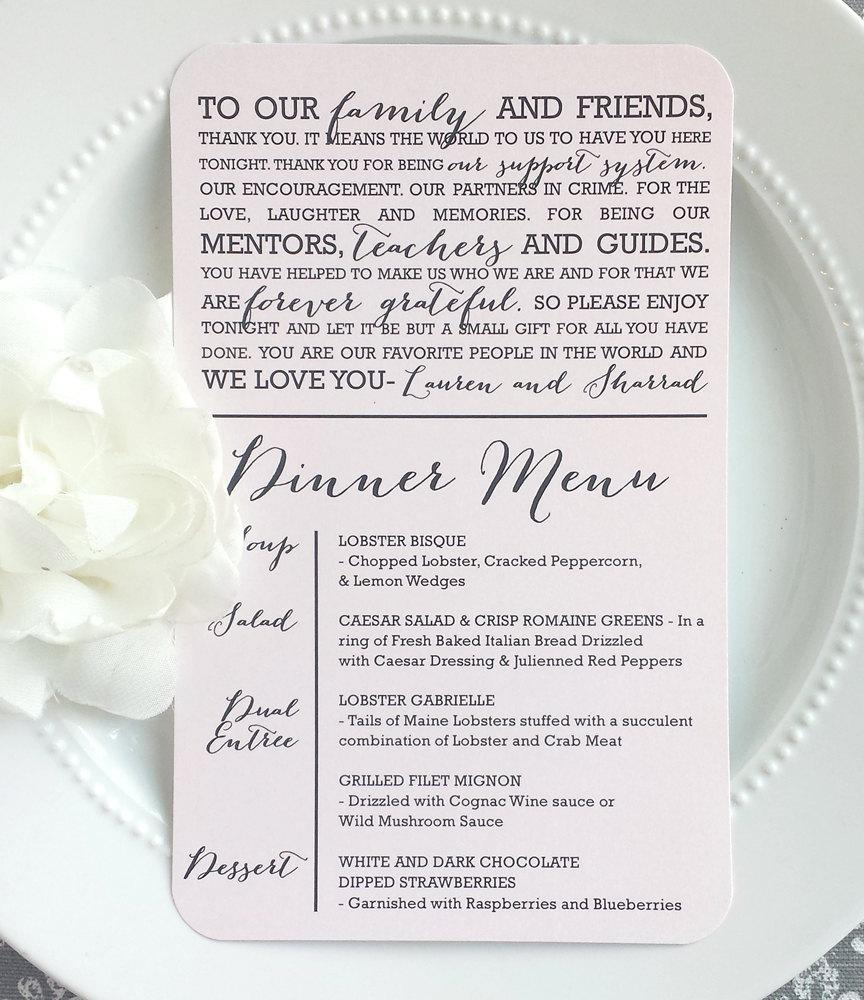 Wedding - PRINTED Reception Thank You Menu Combination - Style MTY17 - BOMBSHELL COLLECTION  