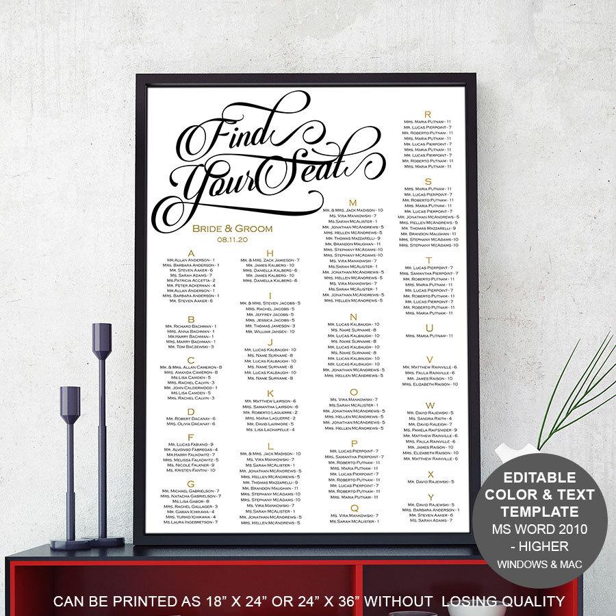 Wedding - Printable, wedding seating chart, template, alphabetical ,poster, seating plan, Instant download, seating chart, S10