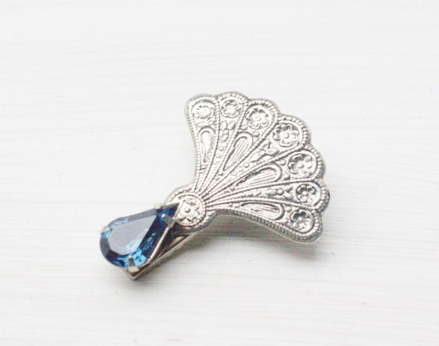 Hochzeit - Art nouveau hair clip crystal jewel bridal silver 1920's style rhinestone barrette Hollywood glamour montana blue gem wedding hair jewelry