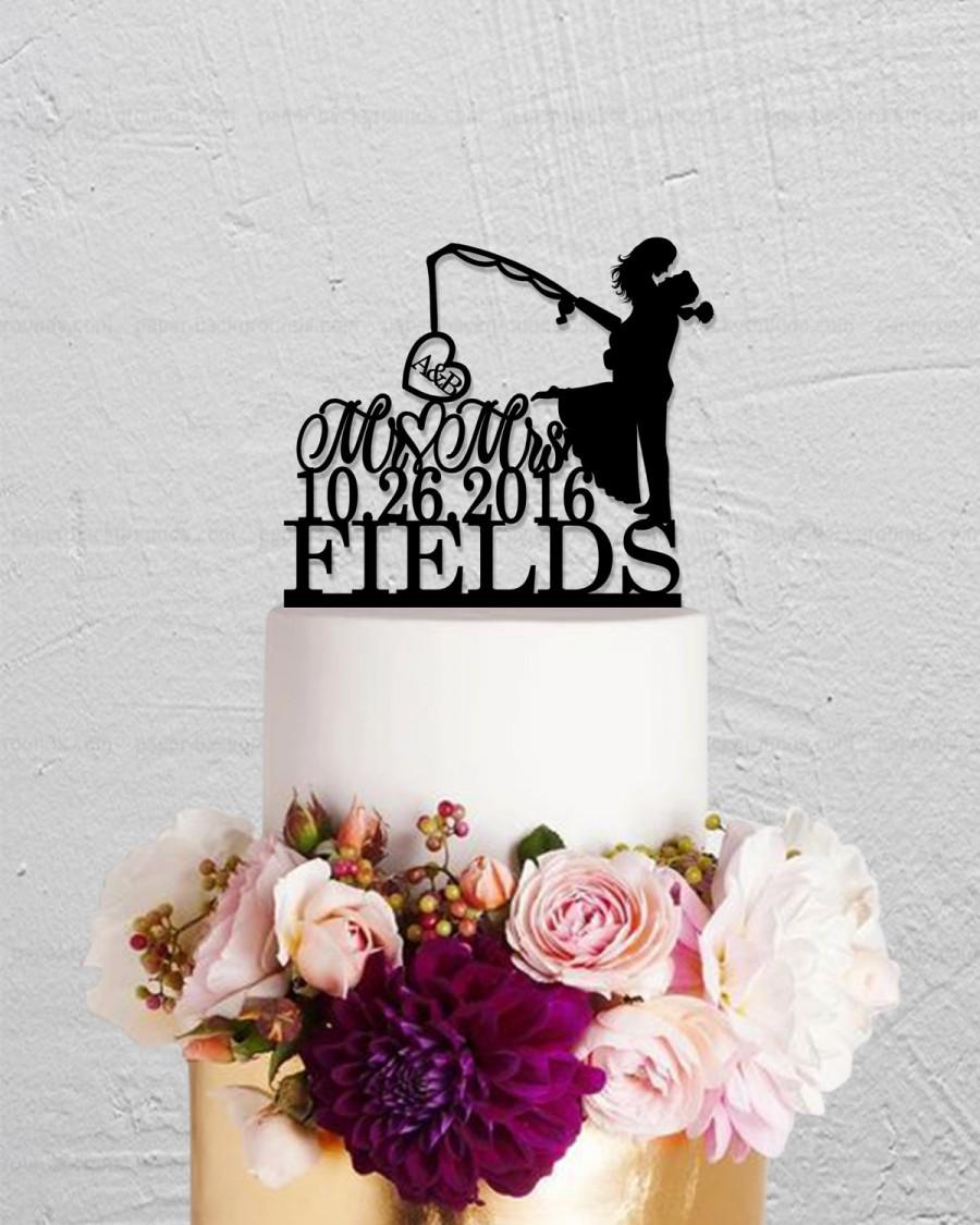 Wedding - Fishing Cake Topper,Wedding Cake Topper,Initials Cake Topper,Mr And Mrs Cake Topper,Hook On Love Cake Topper,Last Name Cake  Topper