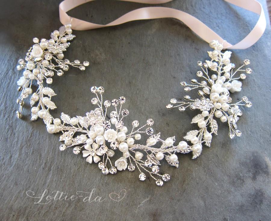 Wedding - Silver Boho Hair Halo, Bridal Pearl Flower Hair Crown, Hair Wreath, Antique Gold Wedding Hair Vine, Boho Wedding Headpiece - 'ZINNIA'