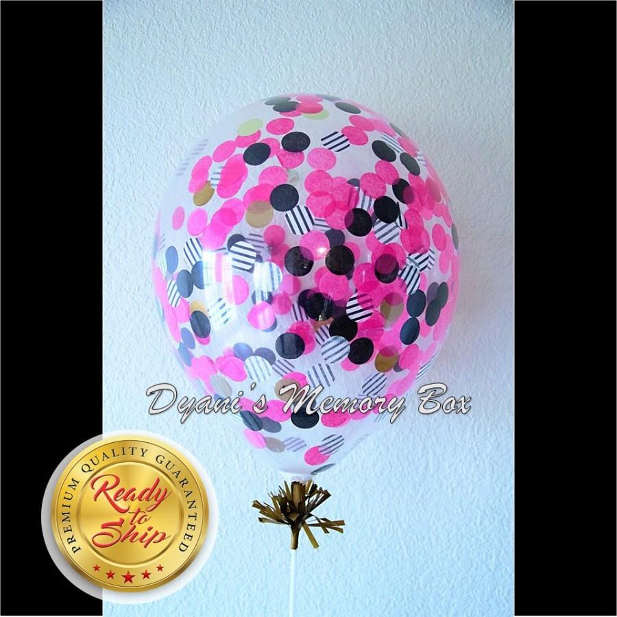 زفاف - Kate Spade Inspired Clear Confetti-Filled Balloons / Set of 6 Confetti Balloons / Pink Black Gold Balloons / Biodegradable Latex Balloons