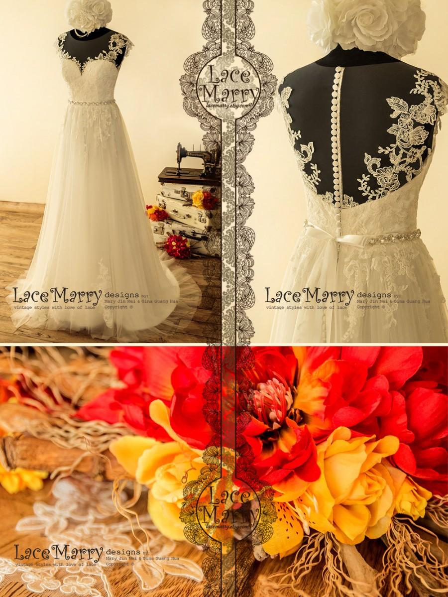زفاف - Boho Summer Wedding Dress with Airy Tulle Skirt, Floral Lace Appliqué, Illusion Sweetheart Neckline, Sheer Back with Buttons and Beaded Sash