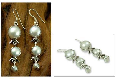 Wedding - Pearl Earrings Handcrafted Bridal Sterling Silver Jewelry, 'Three Moons'