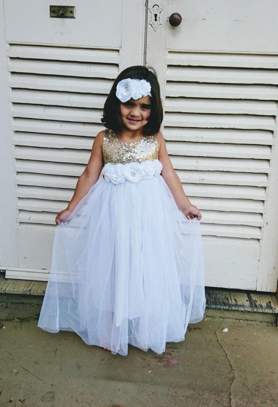 Mariage - Flower Girl Dress Gold Sequin Bodice Long Length Tulle Girls Party Dress Weddings Birthday Party.