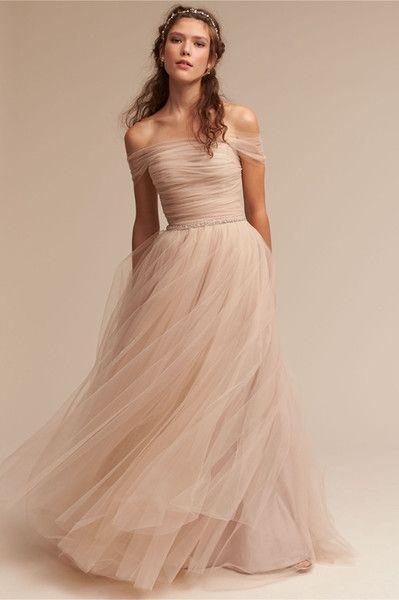 Hochzeit - Modern Blush Wedding Dresses 2017 Bhldn Vestido De Noiva With Illusion Off Shoulder And Beaded Sash Pleated Tulle Romantic Bridal Gowns