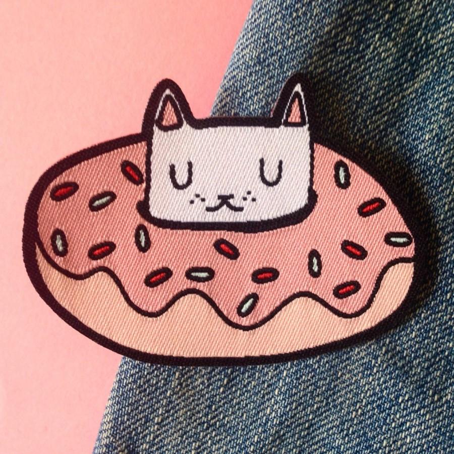 Hochzeit - Donut cat woven patch - Iron on patch - sew on patch - cat patch - cat iron on patch - I like cats - donut patch - cat gift - cats