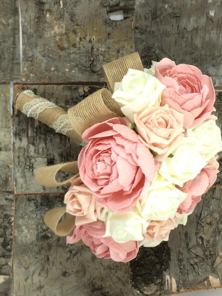 Свадьба - Wedding bouquet shabby chic, rustic, ivory and peach roses with dusky pink peonies. burlap and lace made to order