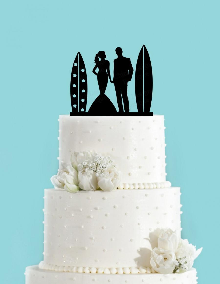 Hochzeit - Surf Couple Bride and Groom Beach Wedding Acrylic Wedding Cake Topper