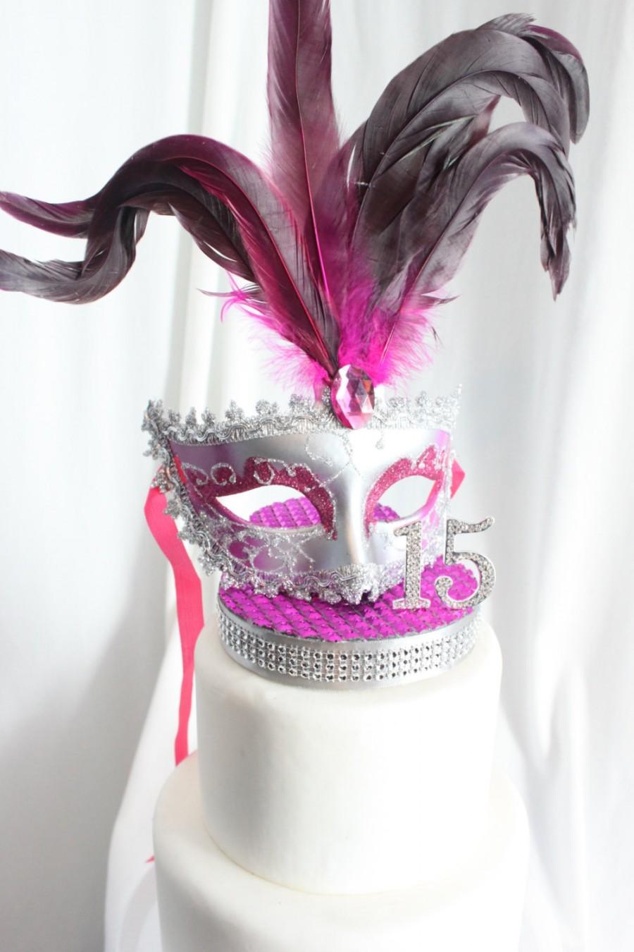 زفاف - Masquerade, Mask, Rhinestone Sweet 16 Cake Topper Hot Pink and Silver, overthetopcaketopper