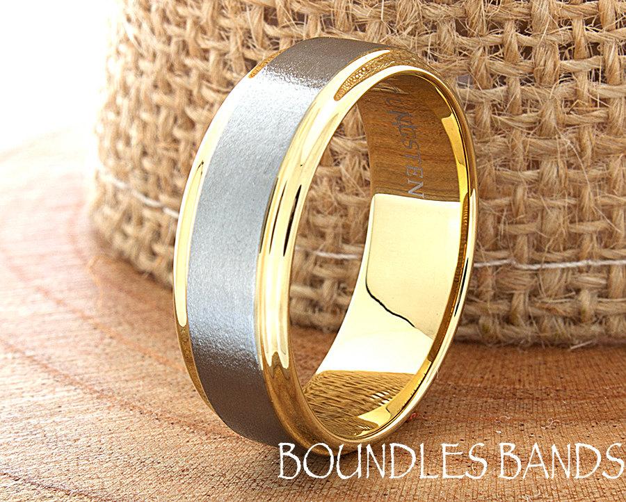 زفاف - Gold Tungsten Wedding Band Ring Stepped Two Tone Customized Laser Engraved Ring Mens Womens His Hers Unisex Ring 6mm Design Classic Modern