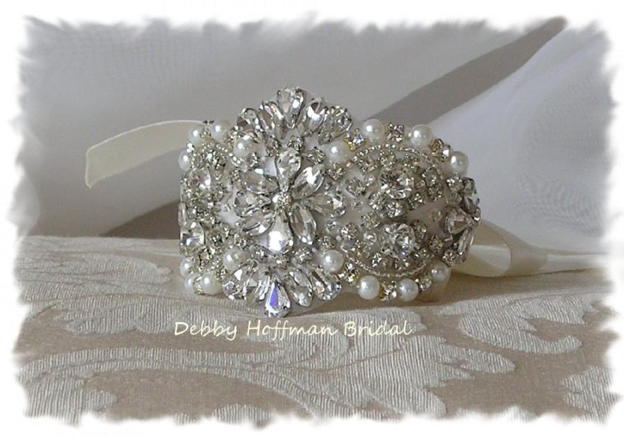 زفاف - Crystal Pearl Bridal Cuff Bracelet, Bridal Pearl Rhinestone Cuff, Jeweled Pearl Wedding Bracelet, Bridal Wedding Cuff Bracelet, No. 4065CB