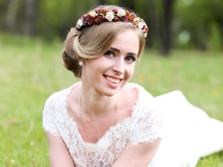Hochzeit - Brown Bridal crown, Floral crown, wedding flower crown, flower crown, wedding crown, floral head wreath, brown floral crown