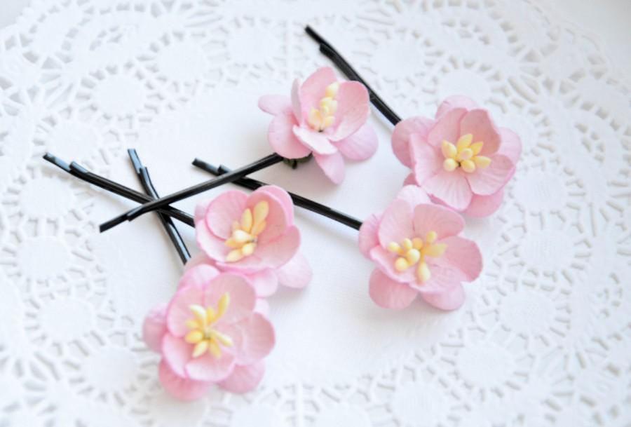 Mariage - Bridal hair clips, Pink pins, Wedding flower pins, Peach bobby pins - set of five