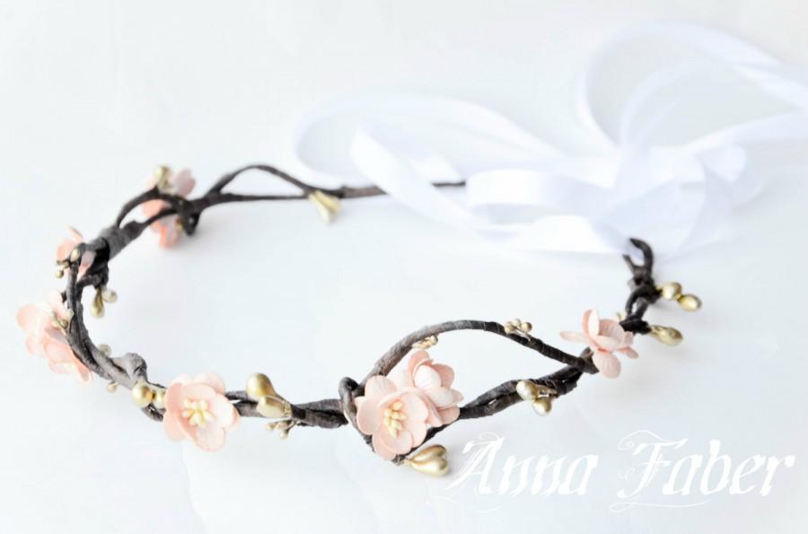 Mariage - Bridal crown, Bridal flower crown, bridal headband, flower crown, peach floral crown,  Rustic hair wreath, Woodland hair