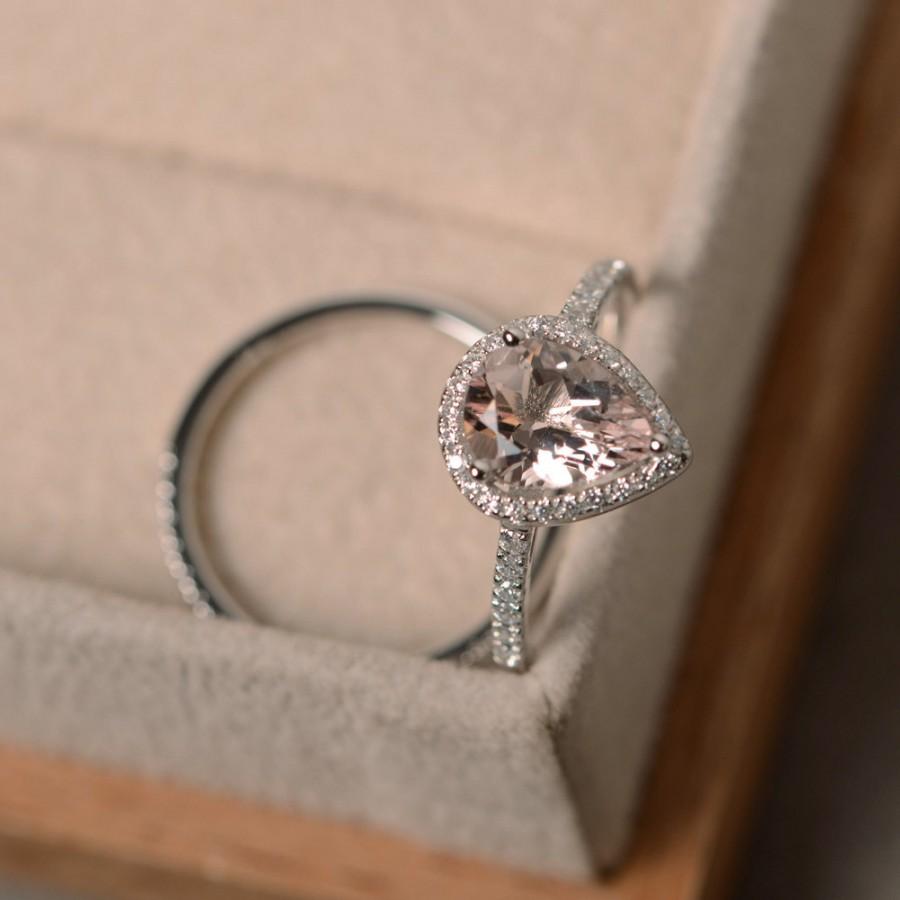 Hochzeit - Pink morganite ring, pear gemstone, engagement morganite ring, sterling sivler