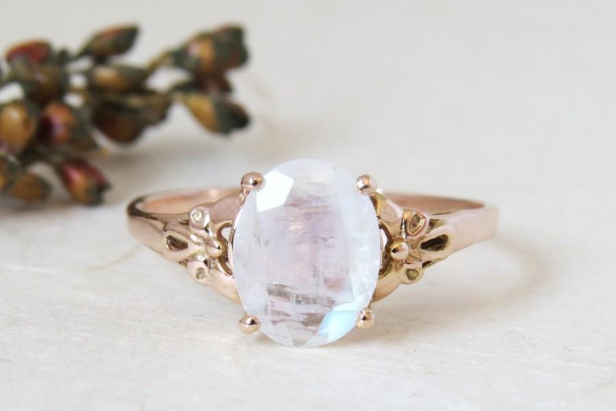 Wedding - Oval moonstone engagement ring, 14k rose gold Ring with moon stone, Vintage style moonstone ring, Antique style ring, Oval Gemstone Ring.