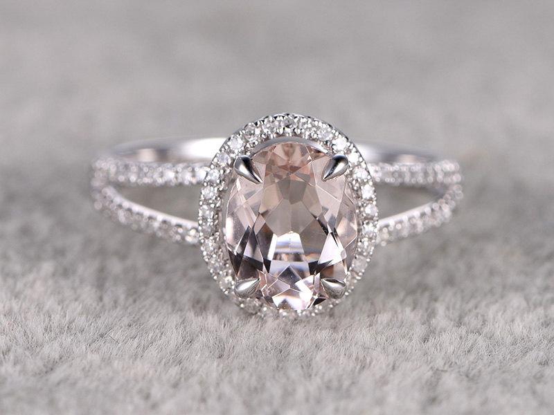 Wedding - 7x9mm Morganite Engagement ring White gold,Diamond wedding band,14k,Oval Cut,Gemstone Promise Bridal Ring,Claw Prongs,Pave Set,Handmade