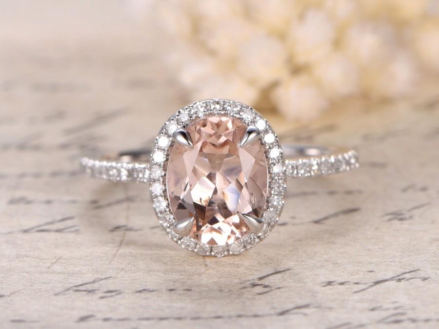 زفاف - 6x8m Oval Cut Morganite Engagement Ring,14K White Gold Engagement Wedding Ring,Diamonds Halo,7x9mm Peachy Pink Morganite available