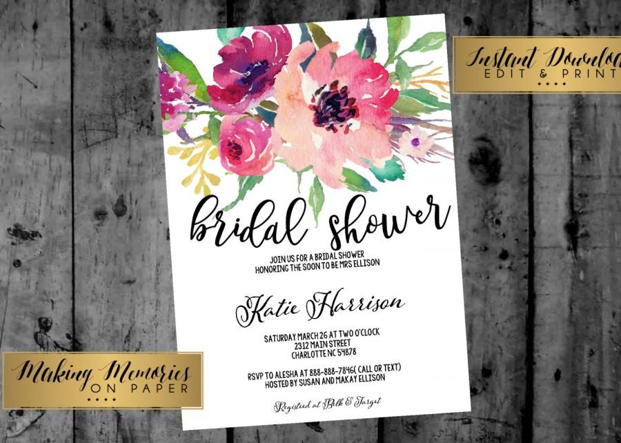 Wedding - Floral Bridal Shower Invitation, Baby Shower, INSTANT DOWNLOAD Watercolor Flowers, Floral Invitation, birthday, DIY, Flower Invite, boho