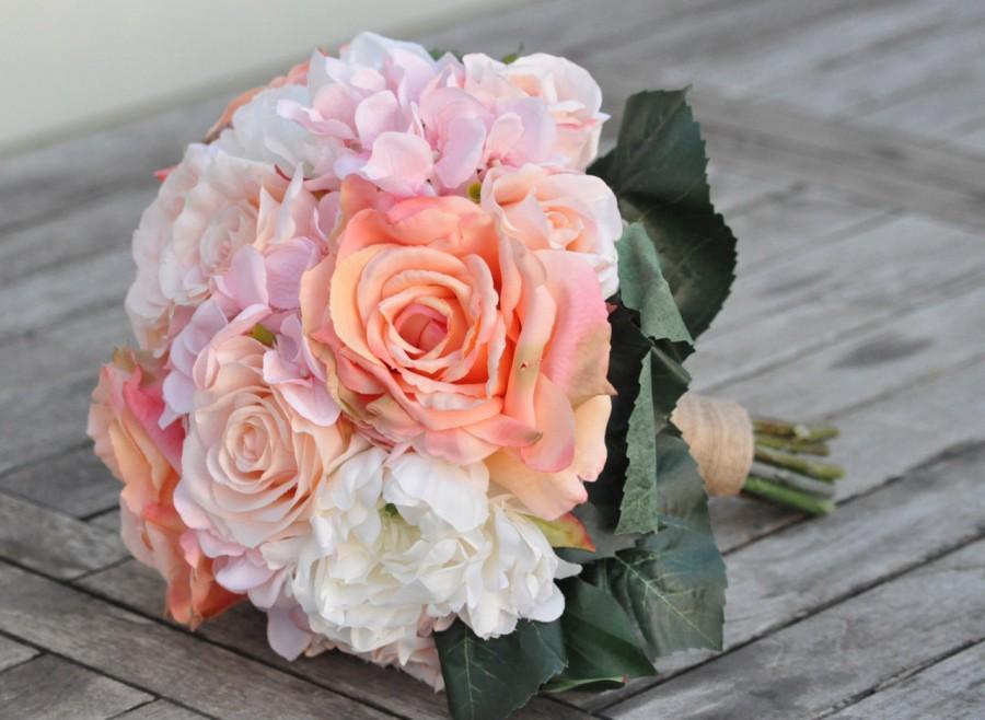 Wedding - Blush pink hydrangea, coral roses and ivory peonies wedding bouquet.