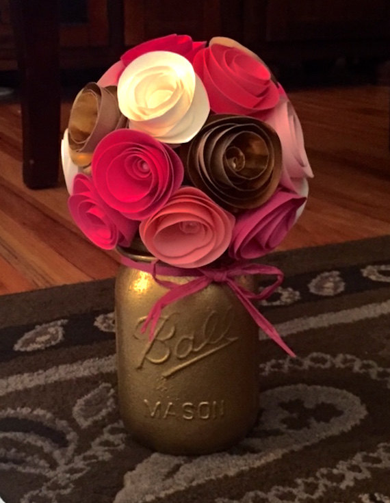 Wedding - Rustic Gold & Pink Paper Flower Bouquet- Hand Painted Mason Jar