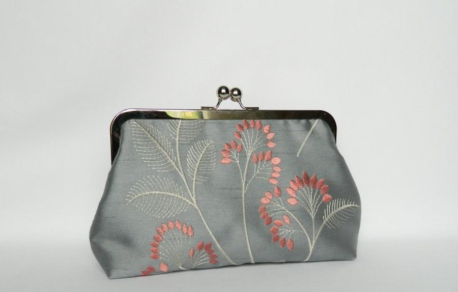 Wedding - Embroidered Silk Clutch, Grey and Coral Floral Silk Clutch, Wedding Clutch, Bridesmaids Clutch, Evening Silk Clutch, Clutch Purse