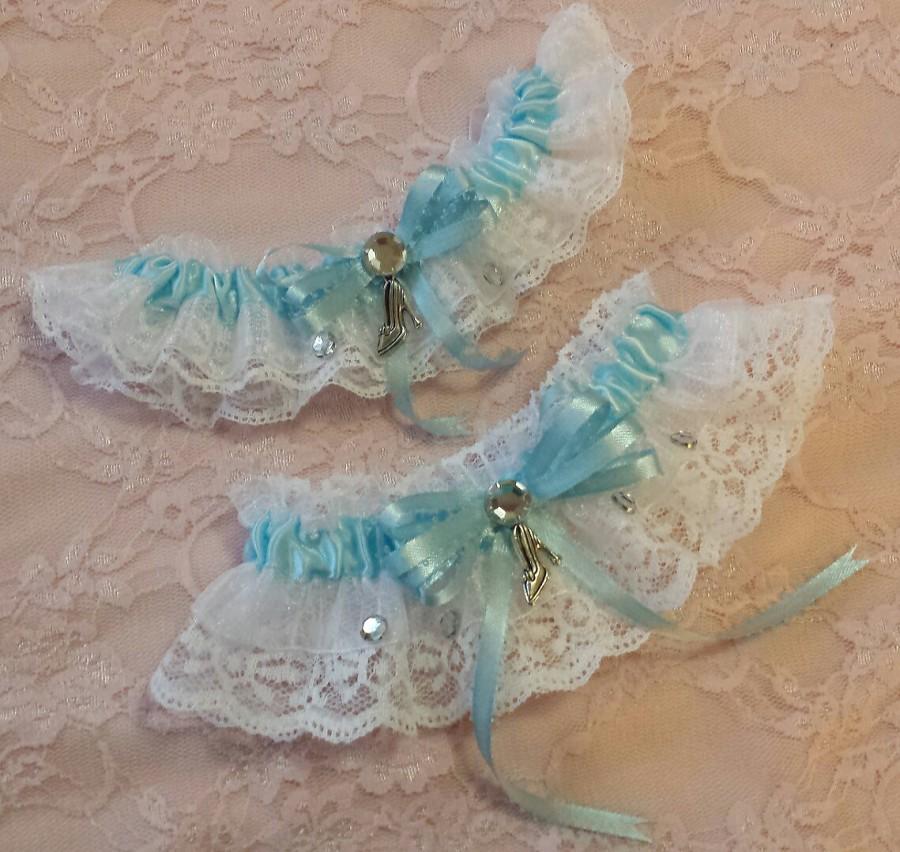 Hochzeit - Cinderella Slipper Light Baby Blue & White Princess Lace Wedding Garter Belt Set