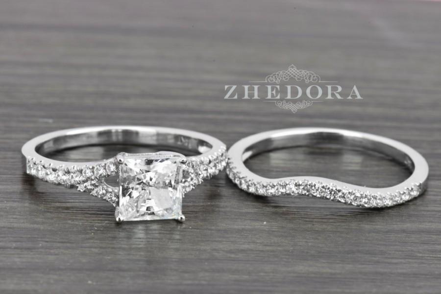 Wedding - 2.0 Carat Princess Cut Engagement Bridal Ring Band Set Real 14K / 18k White Gold, Bridal Set,