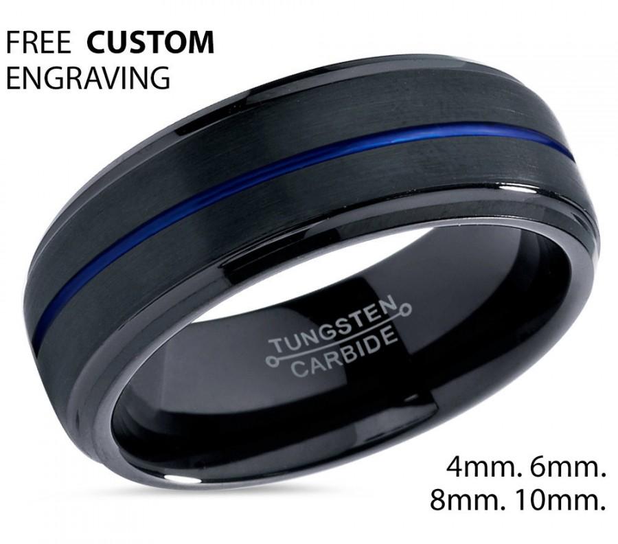Wedding - Mens Tungsten Band,Black Blue Tungsten Ring,8mm Tungsten Band,Engagement Ring,Anniversary Band,Handmade,Brushed Finish,His,Hers,Comfort Fit