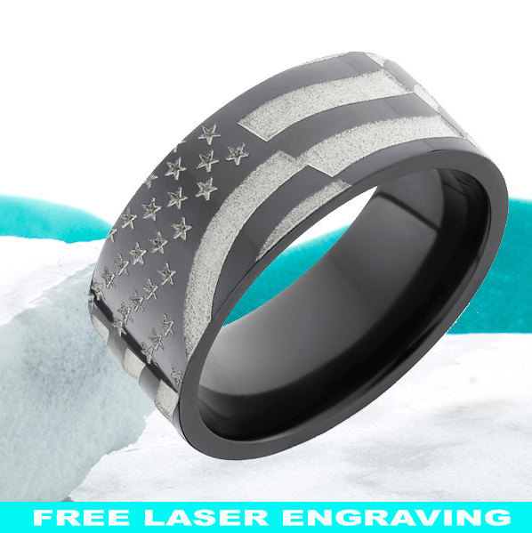 Wedding - Zirconium Black Band American Flag Ring Promise Ring Anniversary Ring Comfort Fit Mens Womens Wedding Band Comfort Fit FREE Laser Engraving