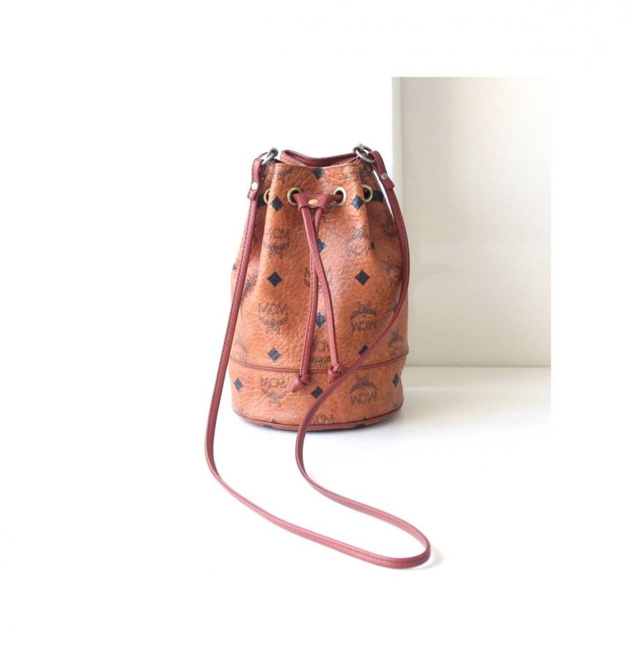 Hochzeit - MCM Visetos Cognac Monogram Brown Authentic Vintage Drawstring Mini Handbag Purse