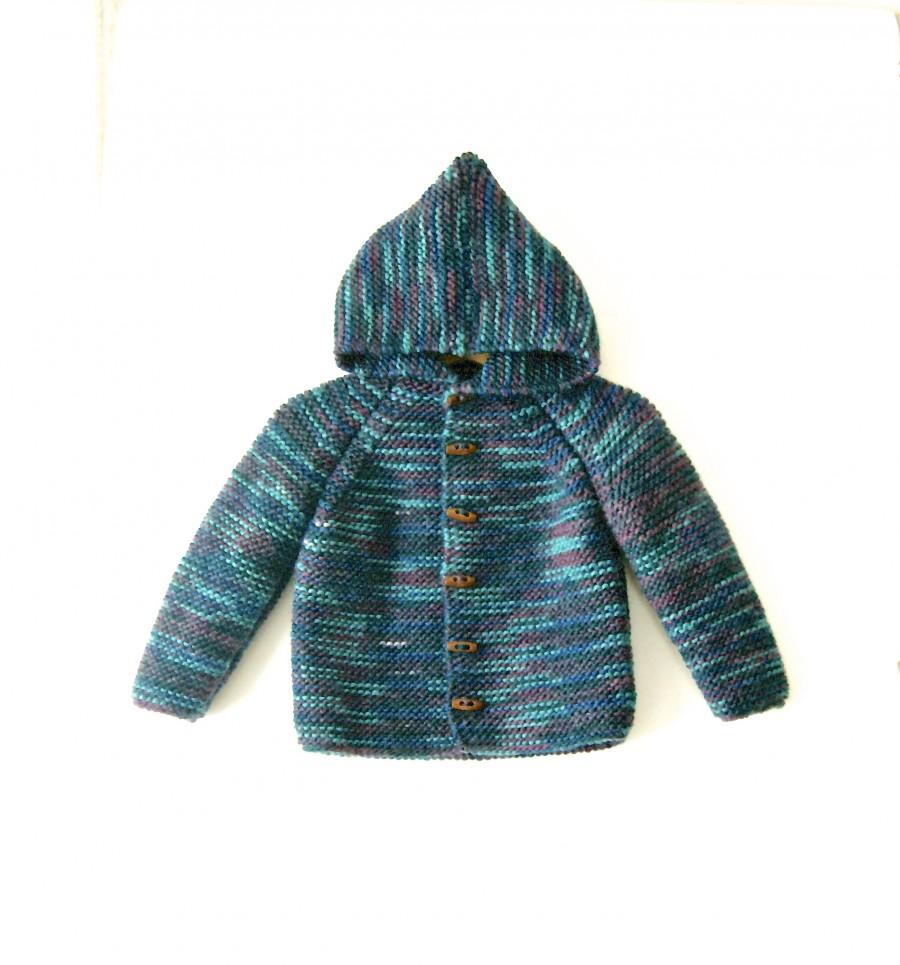 Mariage - Hand Knitted baby wool hoodie cardigan/Jacket, Chunky, Duffel Coat, raglan sleeves, shades of green and mixed colors 0 wool